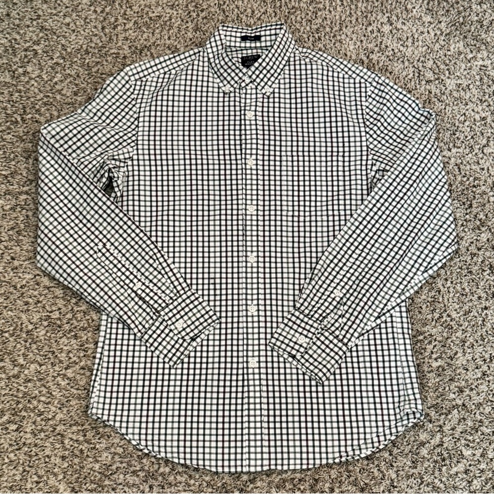 J.Crew Men’s Slim Fit Flex Button-Down Shirt Green Burgundy Check Size Medium